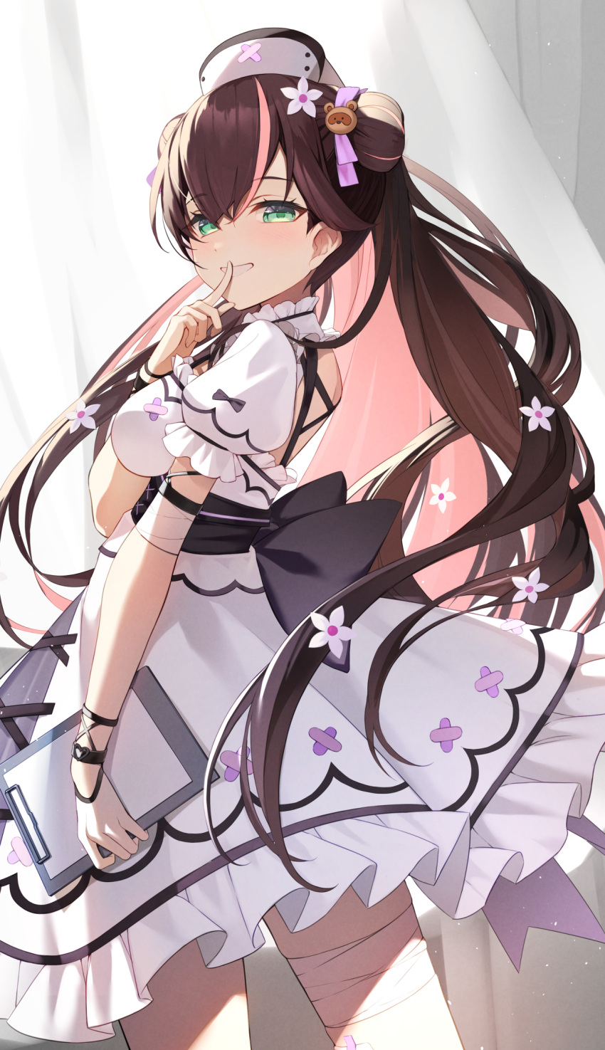1girl, bandaid, bandaid_on_chest, bandaid_on_leg, brown_hair, cowengium, dress, finger_to_mouth