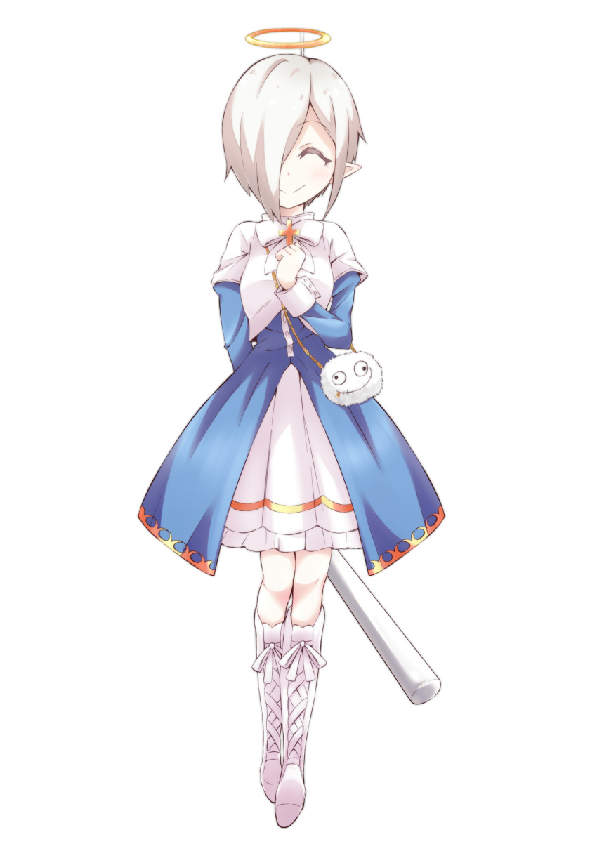 1girl, absurdres, blue_dress, blush, breasts, closed_eyes, closed_mouth, club_(weapon)