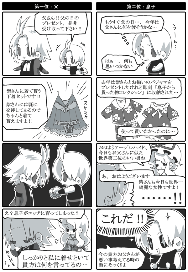 adelheid_bernstein, anna_(pixiv), bra, chibi, comic, father_and_son, king_of_fighters, lingerie