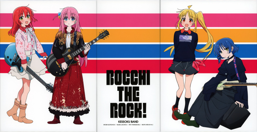4girls, absurdres, ahoge, arms_behind_back, bass_guitar, black_socks, blonde_hair, blue_eyes