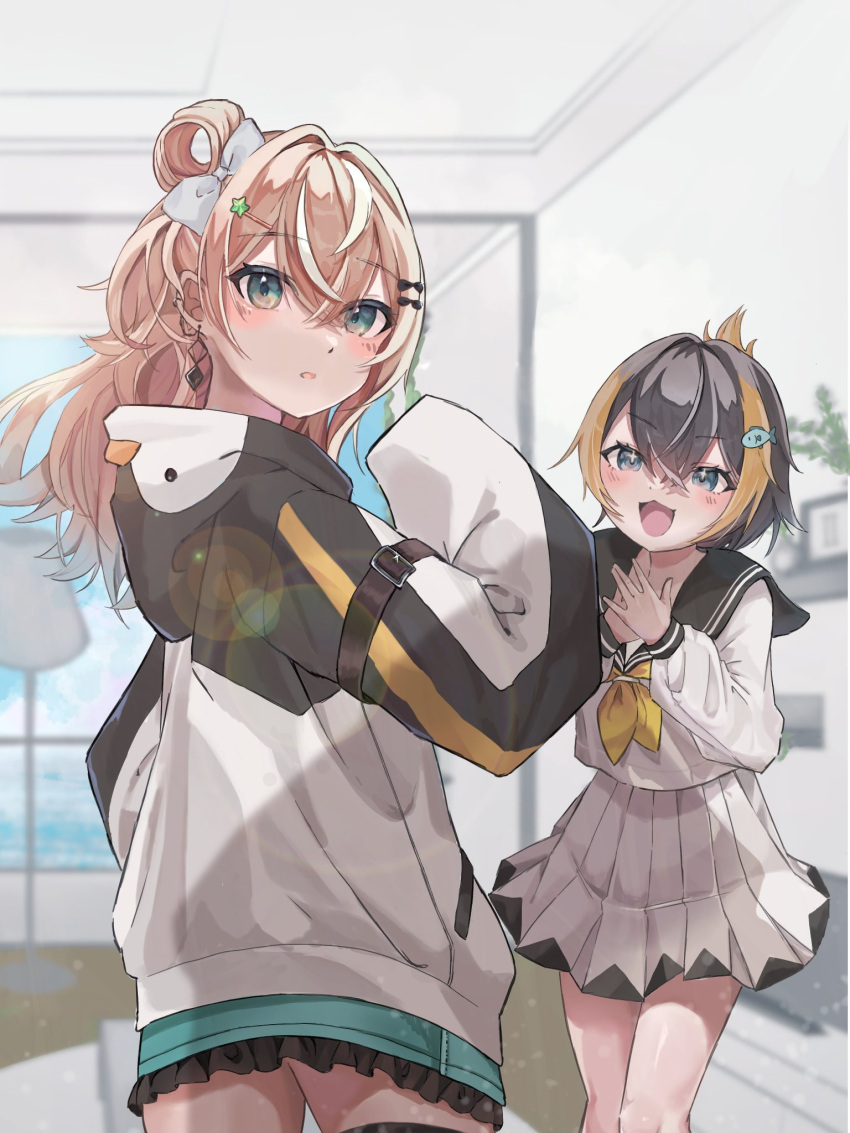 2girls, animal_hood, black_sailor_collar, blonde_hair, blue_eyes, blush, borrowed_clothes, bow