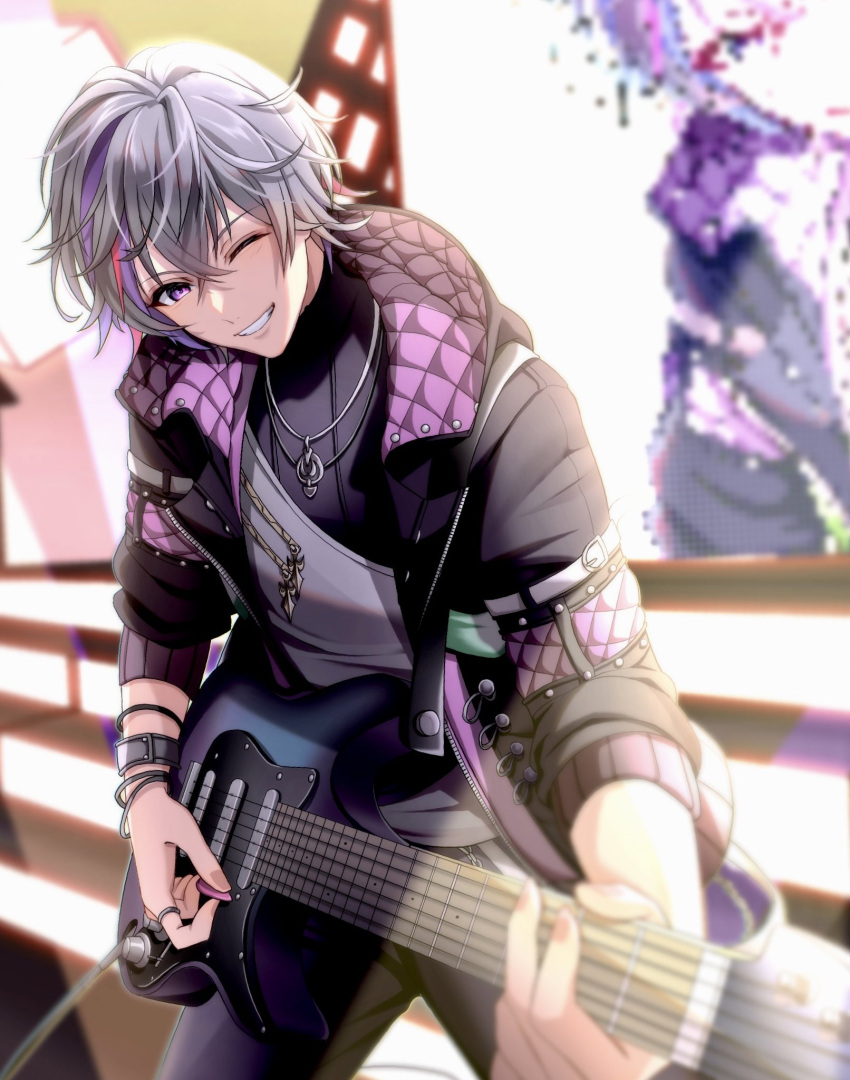 1boy, bracelet, fuwa_minato, grey_hair, grin, guitar, highres, holding