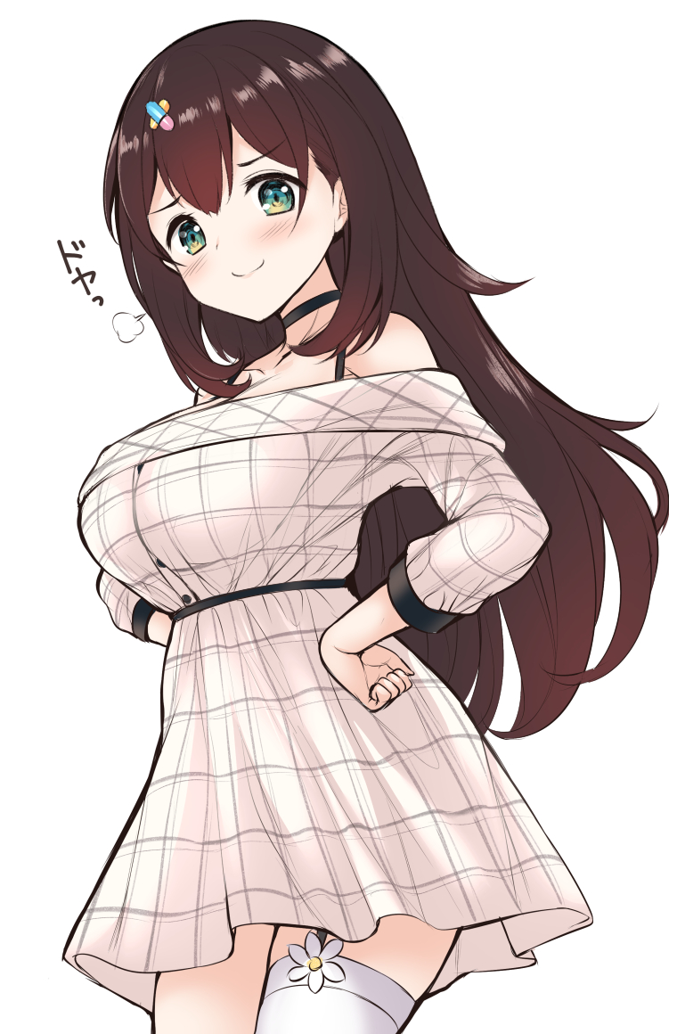 1girl, bare_shoulders, blush, breasts, brown_hair, choker, collarbone, dress