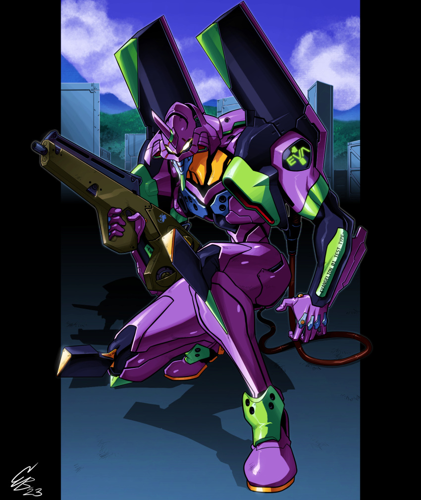 blue_sky, building, cable, city, clouds, ethandoesathing, eva_01, evangelion_(mecha)