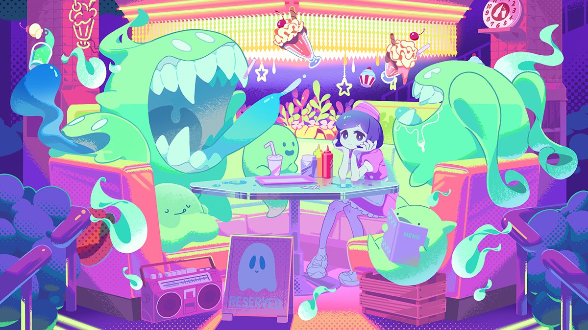 1girl, 6+others, apron, boombox, bush, buttons, cherry, clock