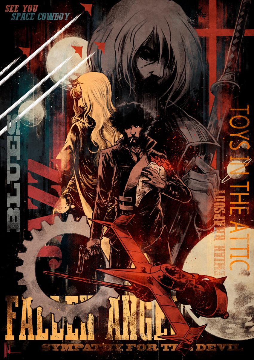 1girl, 2boys, black_hair, black_necktie, blonde_hair, bouquet, cigarette, closed_eyes