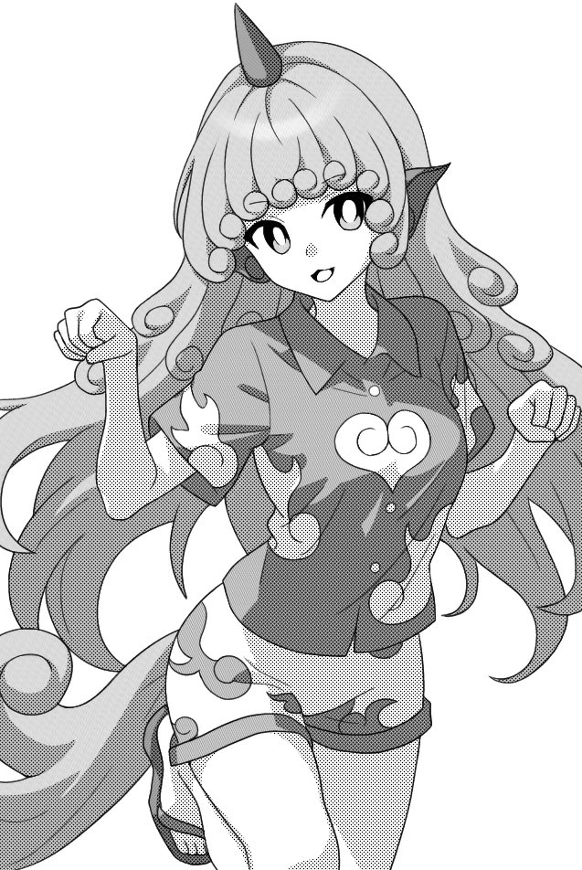 1girl, barefoot, cloud_print, collared_shirt, curly_hair, geta, greyscale, horns, kariyushi_shirt, komano_aunn, long_hair, monochrome, onkn_sxkn, open_mouth, shirt, short_sleeves, shorts, simple_background, single_horn, smile, solo, touhou, white_background
