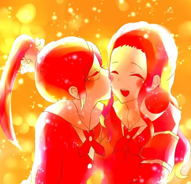 2girls, :d, ^, blush, closed_eyes, couple, glowing, hair_ornament