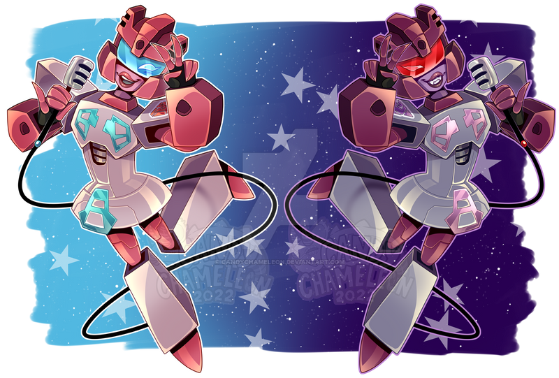 2girls, autobot, candychamalion, decepticon, dress, flat_chest, flipsides_(transformers), humanoid_robot