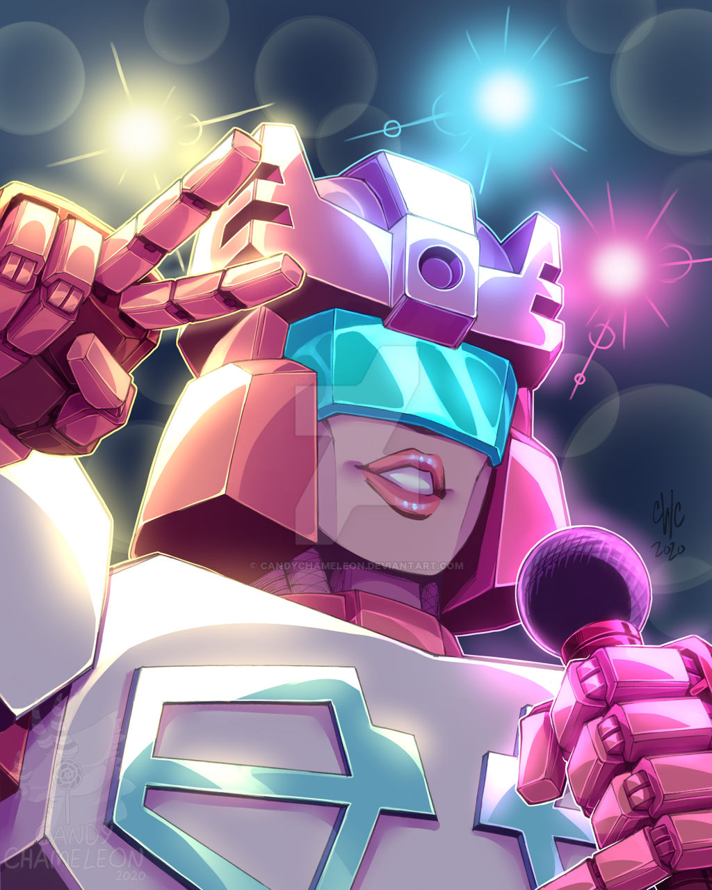 1girl, candychamalion, caseywcoller, flashlight, helmet, highres, humanoid_robot, microphone
