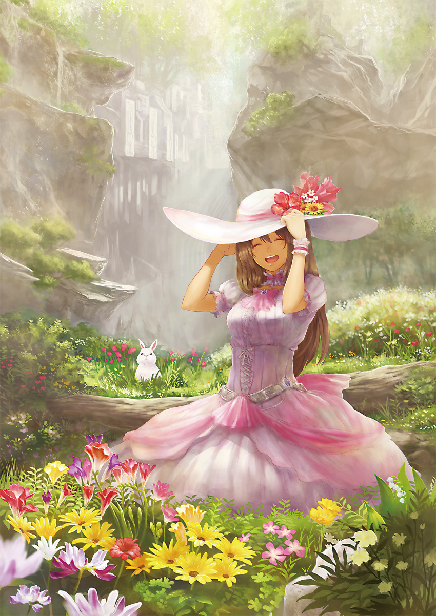 belt, brown_hair, building, bunny, closed_eyes, dress, field, flower