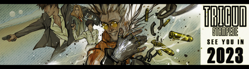2boys, 2girls, absurdres, black_gloves, blonde_hair, bullet, cape, closed_mouth