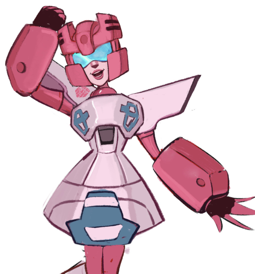 1girl, autobot, breasts, dress, hair_over_shoulder, highres, humanoid_robot, light_smile
