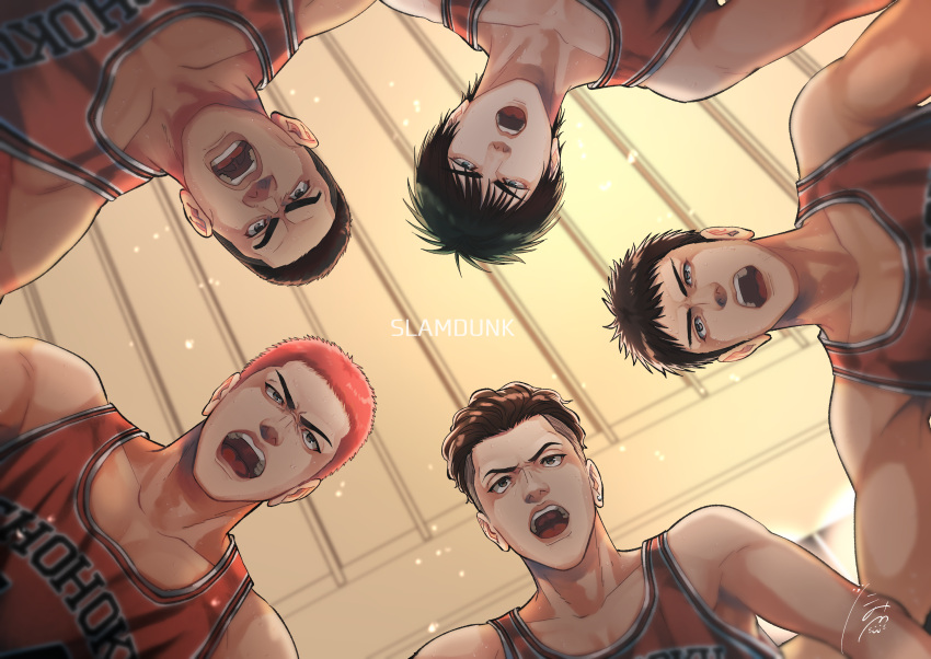 5boys, absurdres, akagi_takenori, bare_shoulders, basketball_jersey, basketball_uniform, black_eyes, black_hair
