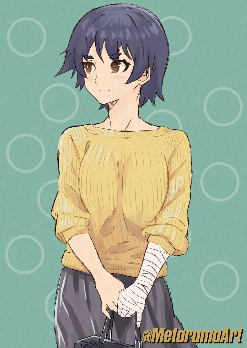 1girl, abstract_background, absurdres, bag, bakemonogatari, bandaged_arm, bandages, blue_hair, breasts, brown_eyes, cowboy_shot, grey_skirt, handbag, highres, holding, holding_bag, kanbaru_suruga, long_skirt, looking_to_the_side, medium_breasts, metarama, monogatari_(series), ribbed_sweater, short_hair, skirt, sleeves_rolled_up, smile, solo, sweater, thick_eyebrows, yellow_sweater