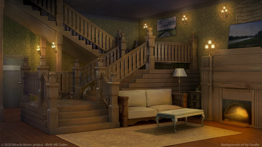 3d, carpet, couch, fence, fireplace, highres, indoors, interior