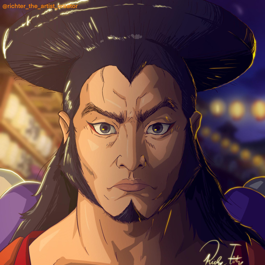 1boy, artist_name, black_hair, closed_mouth, facial_hair, goatee, highres, kouzuki_oden, long_hair, looking_at_viewer, male_focus, one_piece, richter_524, sideburns, signature, solo