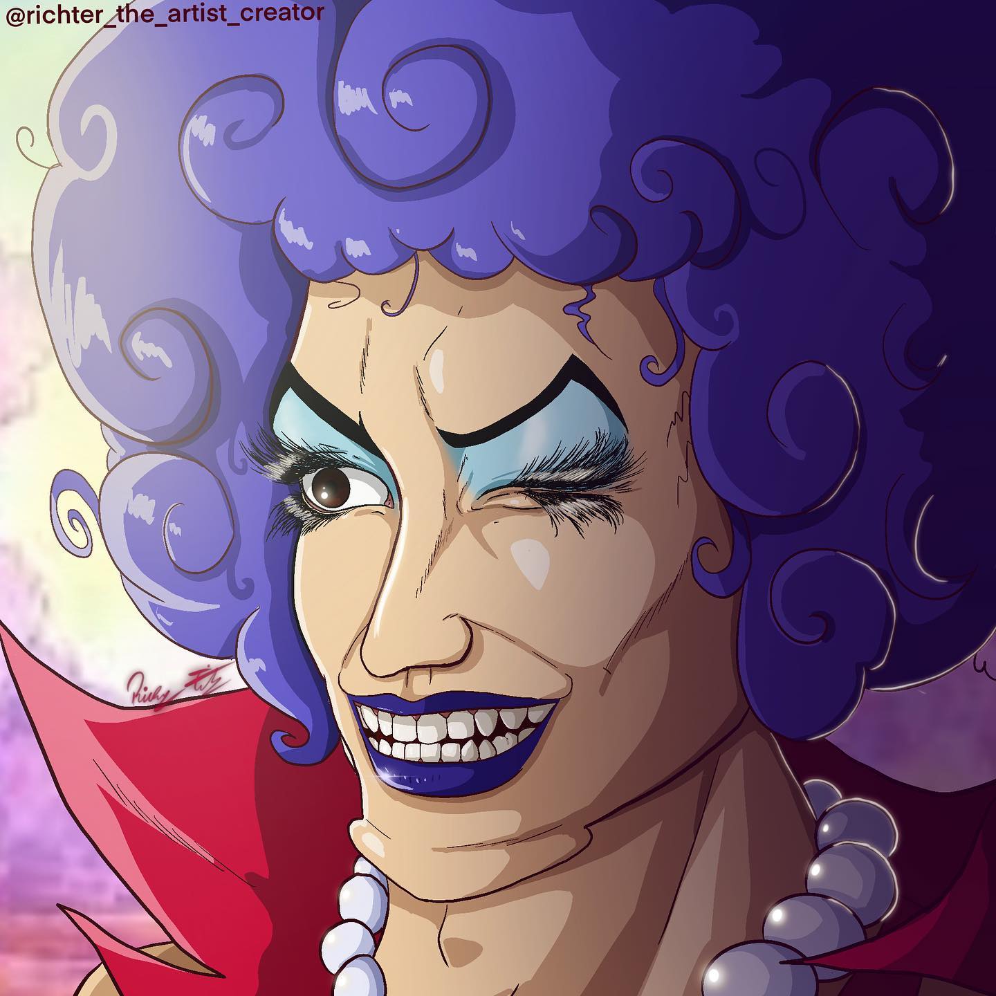 1boy, afro, artist_name, bead_necklace, beads, emporio_ivankov, eyelashes, highres, jewelry, lipstick, makeup, necklace, one_eye_closed, one_piece, pearl_necklace, purple_hair, purple_lips, realistic, richter_524, signature, smile, solo, teeth