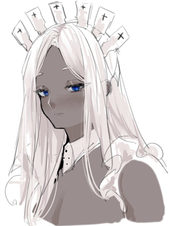 1girl, aria_(nikke), bisaytin, blue_eyes, blush, closed_mouth, colored_skin, detached_collar, dress, forehead, frilled_dress, frills, goddess_of_victory:_nikke, grey_skin, hair_behind_ear, headgear, long_hair, looking_at_viewer, sidelocks, simple_background, sketch, solo, white_background, white_dress, white_hair