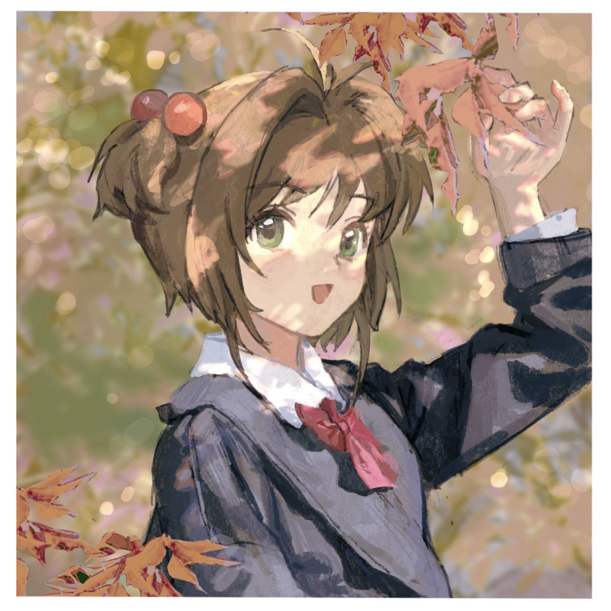 1girl, bow, brown_hair, cardcaptor_sakura, green_eyes, hair_bobbles, hair_ornament, highres, kinomoto_sakura, leaf, ling5707, open_mouth, outdoors, portrait, red_bow, shadow, short_hair, solo, sunlight