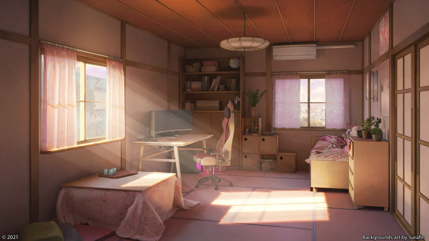 3d, bed, bed_sheet, bedroom, bookshelf, box, cabinet, cardboard_box