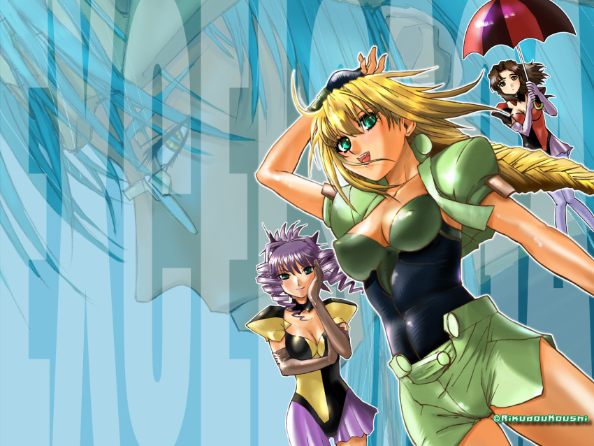 aqua_hair, blonde_hair, blue_eyes, braid, breasts, brown_eyes, brown_hair, capelet, choker, cleavage, drill_hair, elbow_gloves, elgala, erect_nipples, excel, excel_saga, fingerless_gloves, glasses, gloves, hair_intakes, highres, hyatt, ilpalazzo, long_hair, pantyhose, profile, purple_hair, rikudou_koushi, short_hair, skin_tight, umbrella, wallpaper, yellow_eyes
