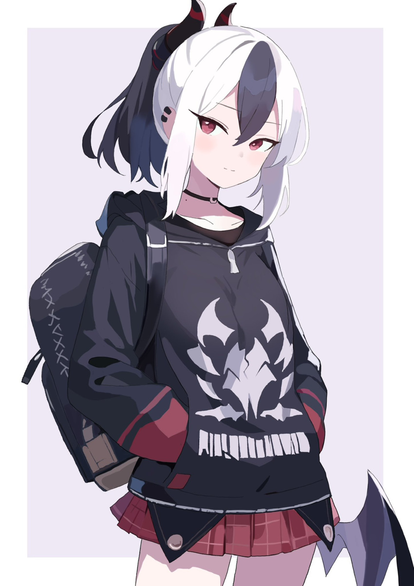1girl, bag, black_choker, black_hair, blue_archive, blush, chikoku, choker, ear_piercing, hands_in_pockets, highres, hood, hood_down, hoodie, horns, kayoko_(blue_archive), long_sleeves, miniskirt, mole, mole_on_neck, multicolored_hair, piercing, pleated_skirt, ponytail, red_eyes, red_skirt, simple_background, single_wing, skirt, solo, white_hair, wings