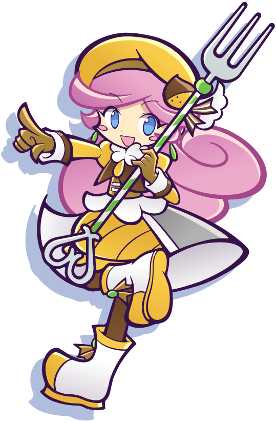 blue_eyes, blush_stickers, boots, brown_gloves, brown_headwear, dress, drop_shadow, fork, gloves, holding, holding_fork, long_hair, open_mouth, oversized_object, pantyhose, pimyuhuwa, pink_hair, puyopuyo, puyopuyo_fever, raffina_(puyopuyo), transparent_background, white_footwear