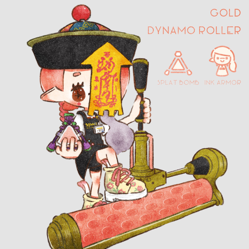 1girl, black_dress, braid, brown_eyes, cross-shaped_pupils, dress, dynamo_roller_(splatoon), english_text