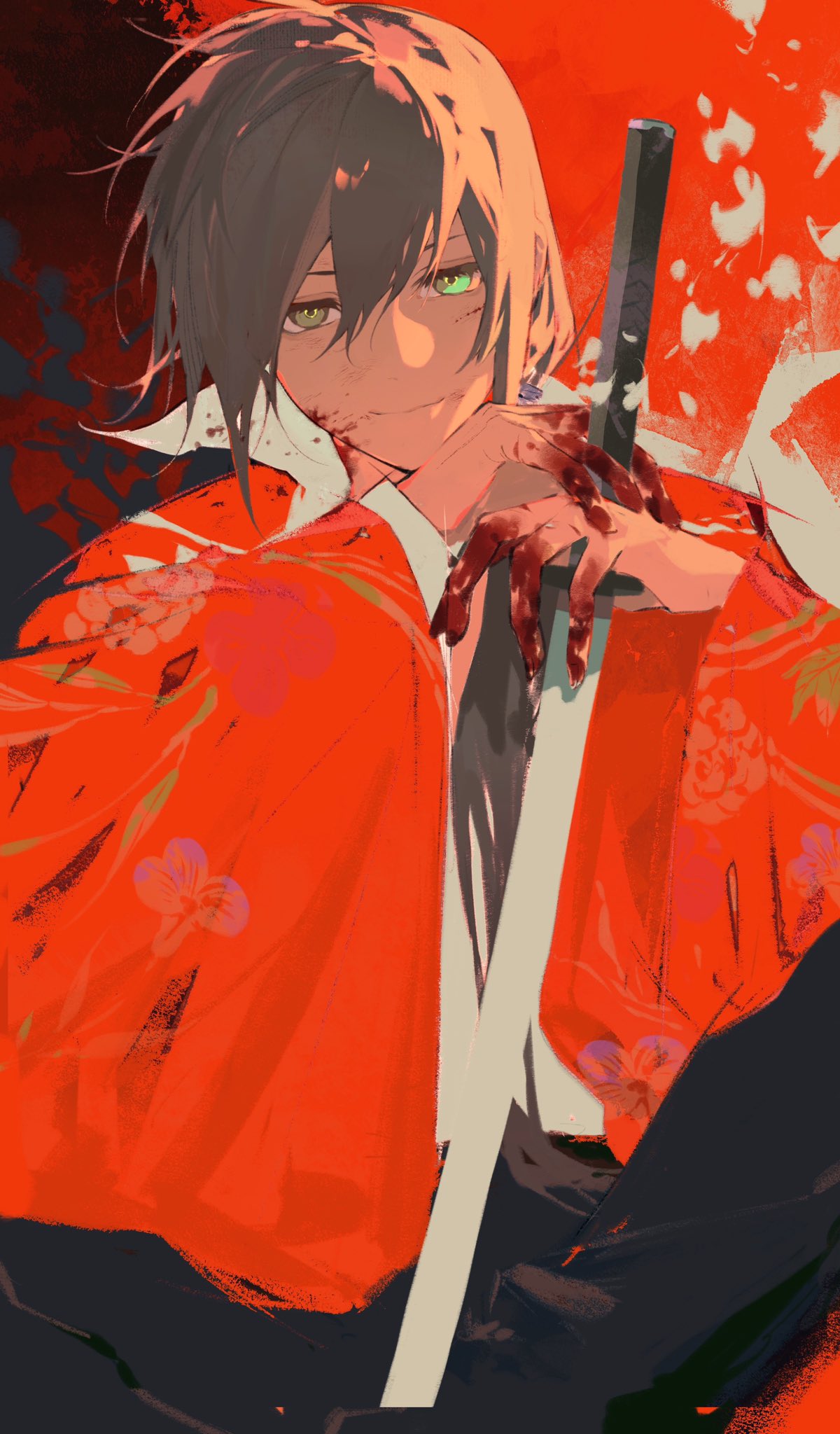1boy, blood, blood_on_face, blood_on_hands, brown_hair, floral_print, formal, green_eyes