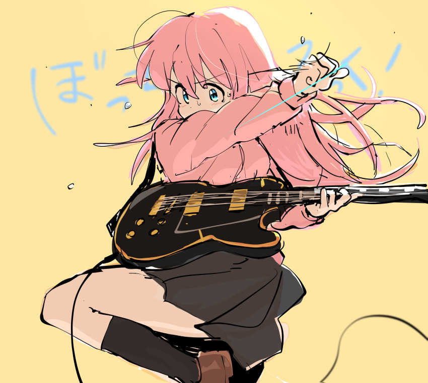 1girl, absurdres, aqua_eyes, black_socks, bocchi_the_rock!, copyright_name, electric_guitar, gotou_hitori
