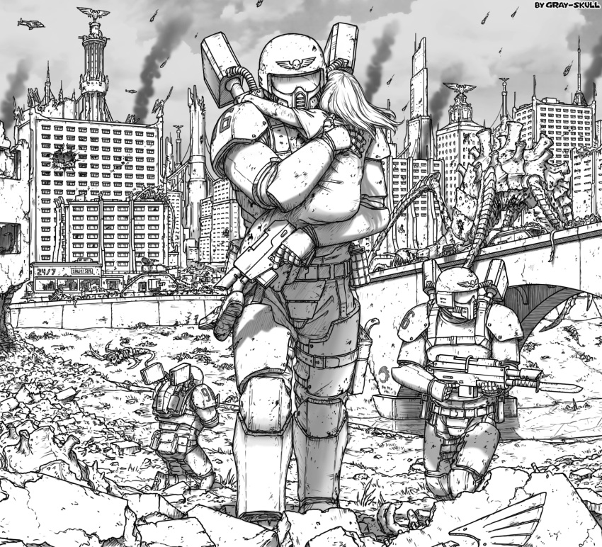 1girl, astra_militarum, battle, bridge, building, city, giant, giant_monster