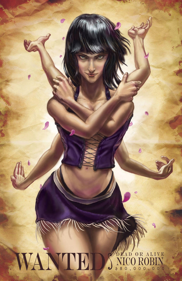 1girl, bare_shoulders, black_hair, character_name, closed_mouth, doomsplosion, extra_arms, falling_petals, long_hair, looking_at_viewer, navel, nico_robin, one_piece, petals, realistic, smile, solo, wanted