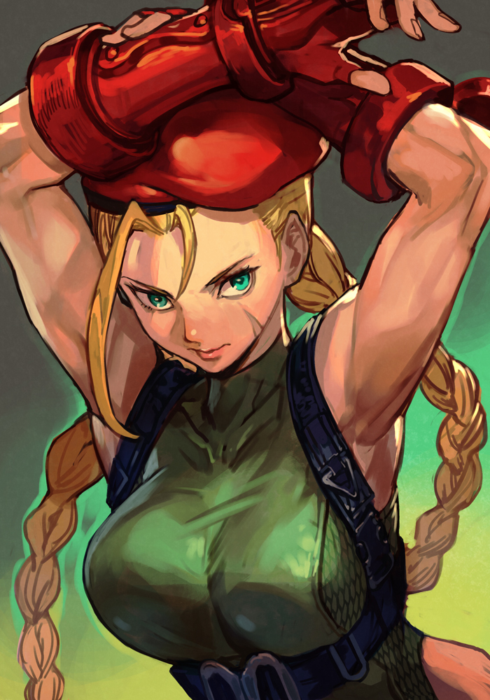 1girl, ahoge, armpits, arms_up, beret, blonde_hair, braid, cammy_white, chest_harness, fingerless_gloves, gloves, green_eyes, green_leotard, hankuri, harness, hat, huge_ahoge, leotard, long_hair, scar, scar_on_face, solo, street_fighter, street_fighter_v, twin_braids