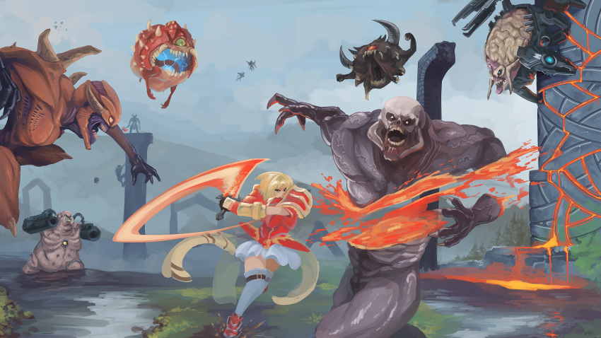 1girl, absurdres, amelia_(fire_emblem), arachnotron, armor, blonde_hair, cacodemon, claws