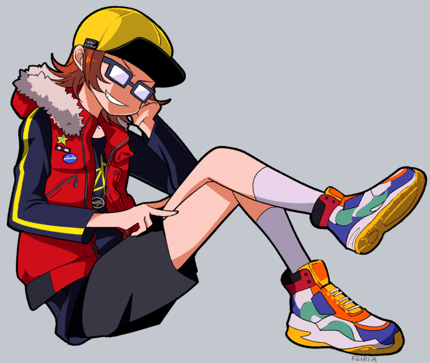 1boy, badge, baseball_cap, black-framed_eyewear, black_shirt, black_shorts, brown_hair, button_badge