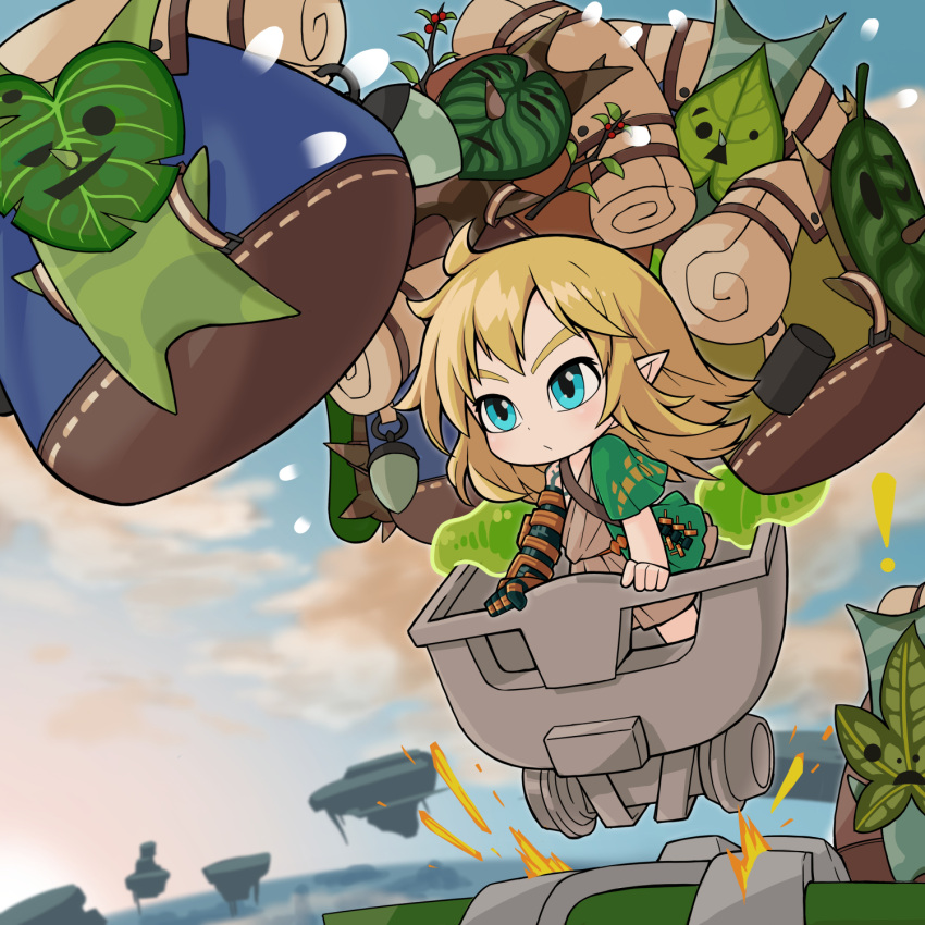 !, 1boy, backpack, bag, blonde_hair, blue_eyes, blue_sky, branch