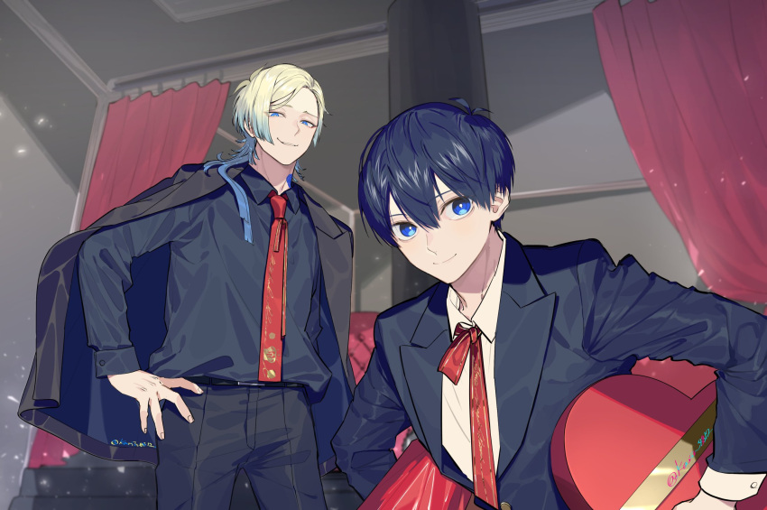 2boys, belt, black_belt, black_jacket, black_shirt, black_suit, blonde_hair, blue_eyes