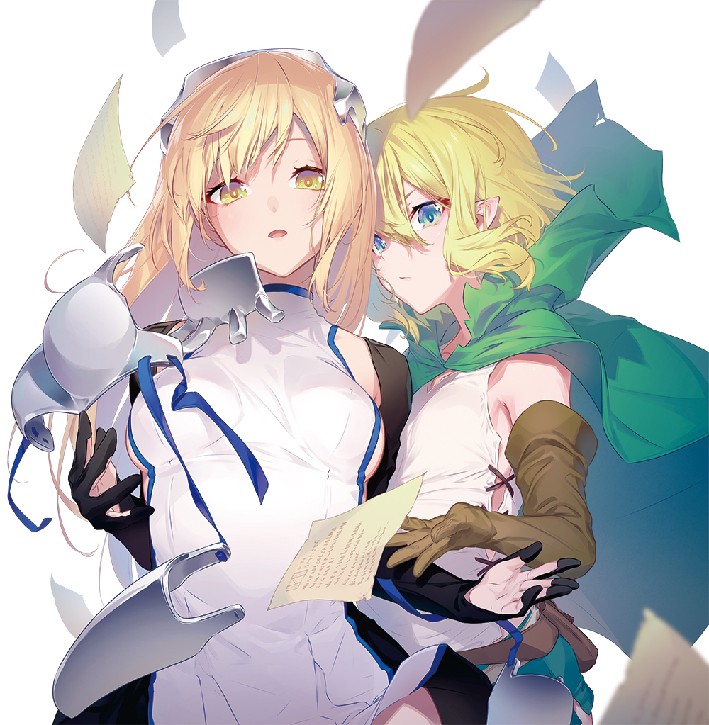2girls, aiz_wallenstein, armor, black_gloves, blonde_hair, blue_eyes, breasts, brown_gloves, buruma, cloak, dress, dungeon_ni_deai_wo_motomeru_no_wa_machigatteiru_darou_ka, elbow_gloves, elf, flying_paper, fujinoomori, gloves, green_buruma, green_cloak, green_shorts, hair_between_eyes, headgear, hood, hooded_cloak, long_hair, multiple_girls, open_mouth, paper, pointy_ears, ryu_lion, shirt, short_dress, short_hair, shorts, sleeveless, sleeveless_dress, upper_body, white_background, white_dress, white_shirt, yellow_eyes
