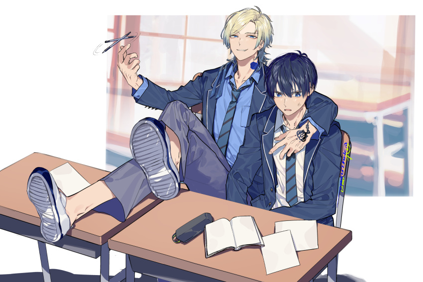 2boys, anger_vein, arm_around_shoulder, blonde_hair, blue_eyes, blue_hair, blue_jacket, blue_lock