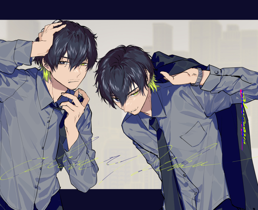 2boys, arm_up, beard, black_eyes, black_hair, black_necktie, blue_lock, cowboy_shot, facial_hair, frown, green_eyes, green_hair, grey_background, grey_shirt, heterochromia, highres, holding, holding_clothes, holding_jacket, jacket, long_sleeves, looking_at_viewer, male_focus, multicolored_hair, multiple_boys, mustache, necktie, oliver_aiku, shirt, short_hair, smile, sohu, standing, two-tone_hair, v-shaped_eyebrows, watch