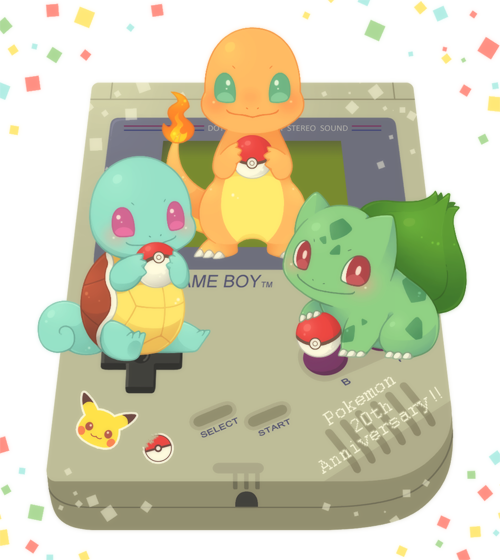 anniversary, bulbasaur, charmander, claws, confetti, flame-tipped_tail, game_boy, green_eyes