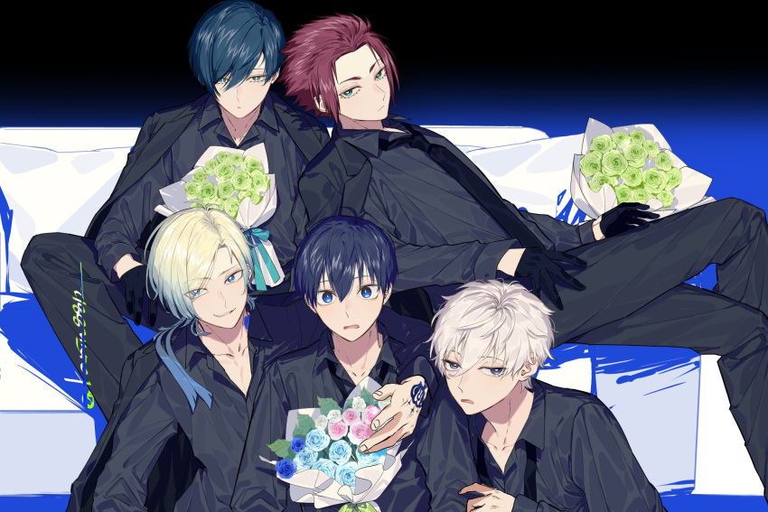 5boys, arm_around_shoulder, black_eyes, black_gloves, black_jacket, black_necktie, black_pants, black_shirt