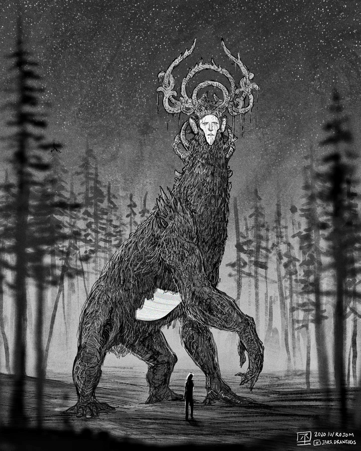 1girl, 2020, artist_name, commentary, dated, divine_entity, english_commentary, graphite_(medium), greyscale, highres, horns, horror_(theme), instagram_logo, instagram_username, jr_(jarsarts), monochrome, shoulder_spikes, silhouette, sketch, sky, spikes, star_(sky), starry_sky, static, teletubbies, television, traditional_media, tree