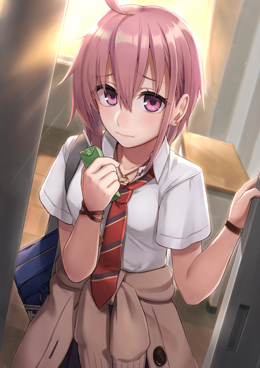 1girl, absurdres, ahoge, bag, cardigan, cardigan_around_waist, carrying_bag, classroom