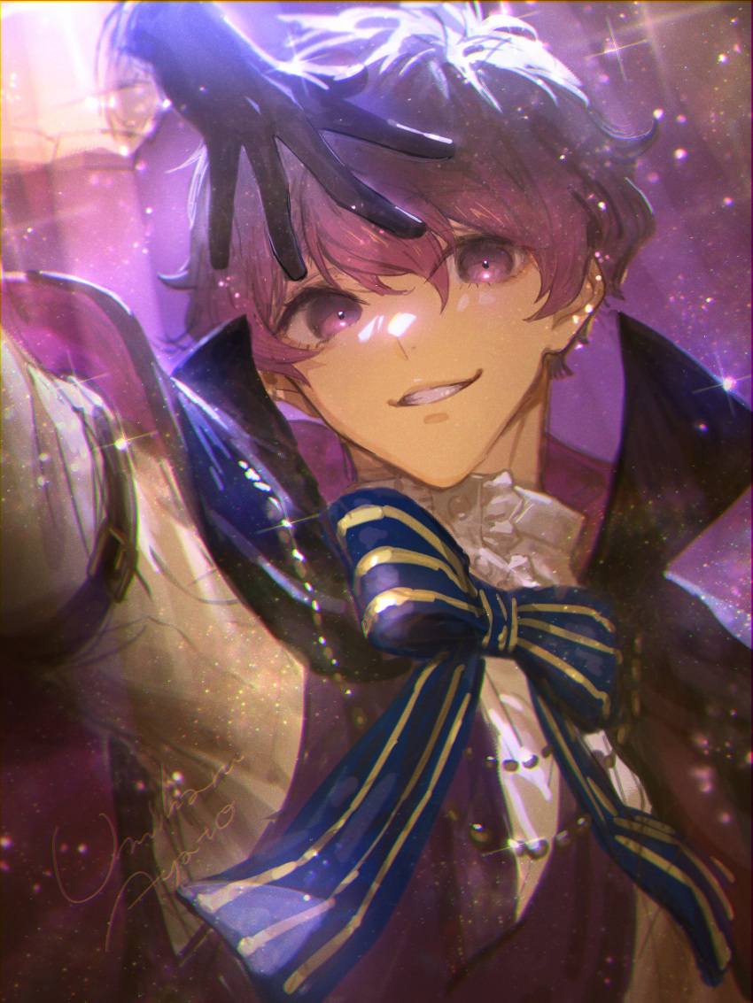 1boy, absurdres, alexis_ness, arm_up, black_cape, black_gloves, blue_bow, blue_lock