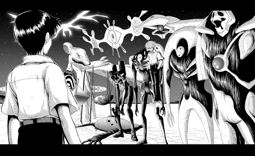 2boys, amai_yadoraki, angel_(evangelion), arael, armisael_(evangelion), bardiel_(evangelion), black_hair, creature