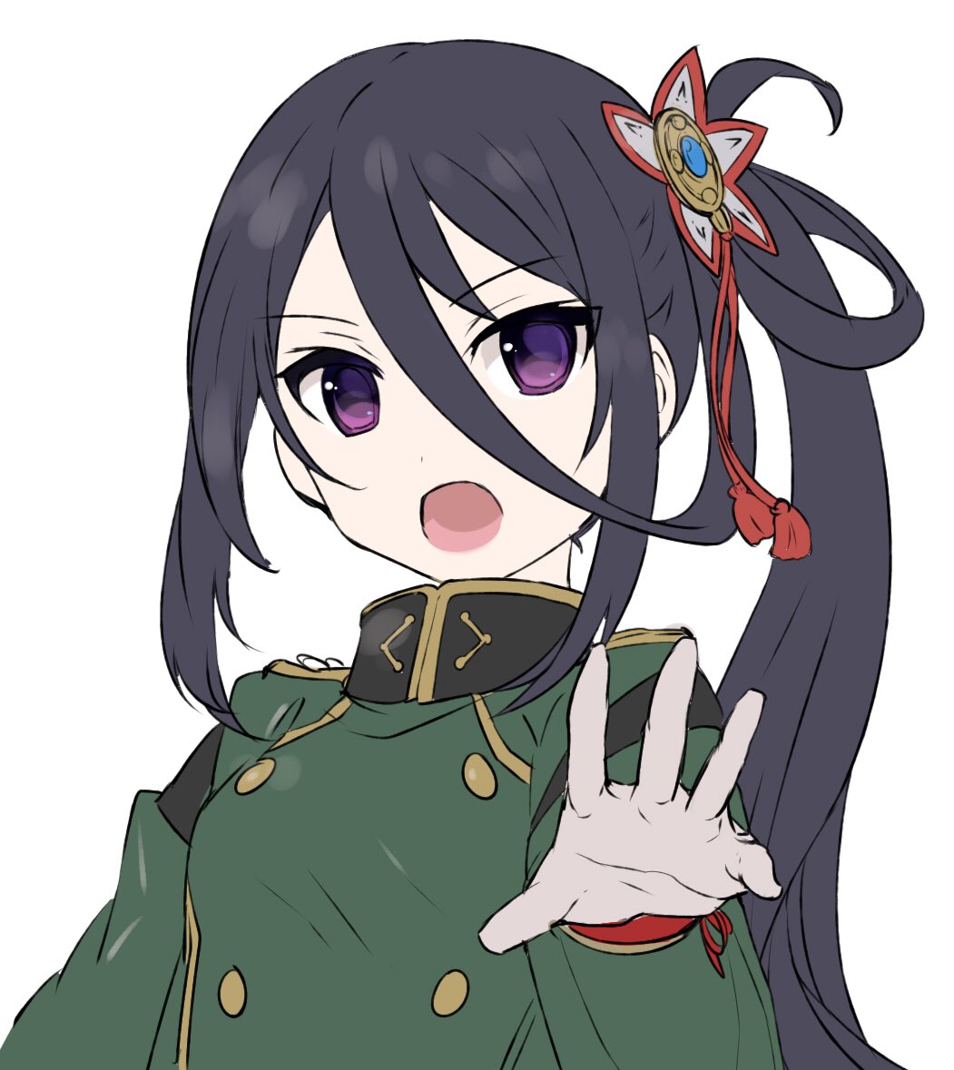 1girl, black_hair, buttons, double-breasted, gloves, hair_between_eyes, hair_ornament, hand_up