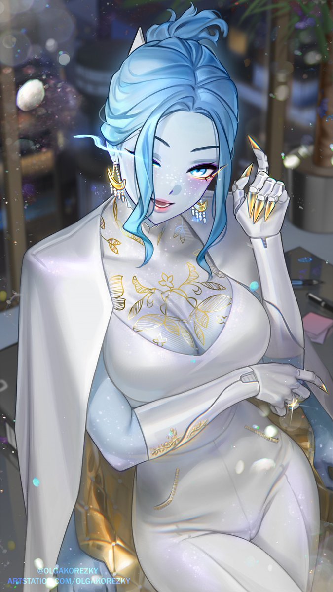 blue_eyes, blue_hair, blue_skin, breasts, claws, cloak, colored_skin, costume