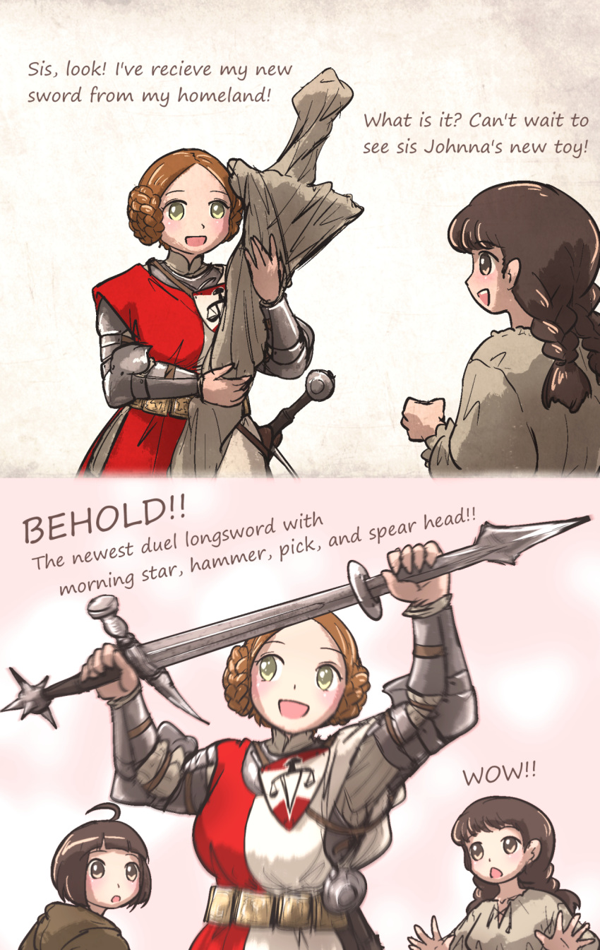 3girls, ahoge, ahoge_page_(ironlily), armor, balance_scale_print, belt, braid, brown_hair